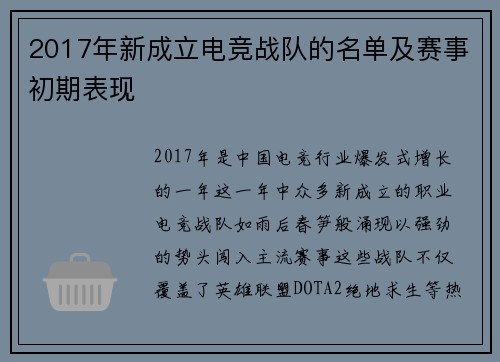 2017年新成立电竞战队的名单及赛事初期表现